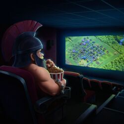  1boy alternate_costume barbarian_(clash_of_clans) bracelet clash_of_clans corinthian_helmet food from_behind helmet indoors jewelry movie_theater official_art popcorn solo spiked_bracelet spikes 