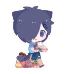  1boy aiba_ibuki animal_ears apron blue_apron blue_hoodie brown_pants cat_boy cat_ears cat_tail chibi chinese_commentary commentary_request dark_blue_hair full_body hair_ornament hair_over_one_eye hairclip holding hood hood_down hoodie kemonomimi_mode long_sleeves male_focus mememia07544 open_mouth oven_mitts pants polka_dot saibou_shinkyoku short_hair simple_background smile solo tail violet_eyes walking white_background x_hair_ornament 