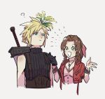  1boy 1girl ? aerith_gainsborough armor bangle bangs belt blonde_hair blue_eyes bracelet breasts brown_hair buster_sword buttons choker cloud_strife cropped_jacket dress final_fantasy final_fantasy_vii final_fantasy_vii_remake flower flower_choker green_eyes hair_flower hair_ornament hair_ribbon hands_up highres jacket jewelry kuri6_4 medium_breasts open_mouth parted_bangs pink_dress pink_ribbon red_jacket ribbon short_hair short_sleeves shoulder_armor sidelocks sleeveless sleeveless_turtleneck smile spiky_hair suspenders turtleneck upper_body w_arms wavy_hair weapon weapon_on_back 