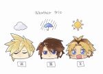  3boys bangs blonde_hair blue_eyes blush brown_hair chibi closed_eyes cloud_strife clouds earrings final_fantasy final_fantasy_vii final_fantasy_viii final_fantasy_x hair_between_eyes head_only jewelry kuri6_4 male_focus multiple_boys open_mouth parted_bangs roman_numeral scar scar_on_face short_hair single_earring smile squall_leonhart sun tidus umbrella weather white_background 