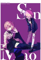  2girls ahoge arimura_mao arimura_mao_(cosplay) blue_jacket character_name closed_mouth color_connection commentary_request cosplay costume_switch frilled_shirt frills full_body gakuen_idolmaster hair_color_connection hair_over_one_eye highres honkai_(series) honkai_gakuen idolmaster jacket long_hair looking_at_viewer multicolored_hair multiple_girls pants pink_hair purple_background purple_hair shirt short_hair sin_mal sin_mal0909 sin_mal_(cosplay) smile standing two-tone_hair violet_eyes white_pants white_shirt yellow_eyes 