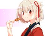  1girl :t absurdres ao_(flowerclasse) bangs blonde_hair closed_mouth commentary_request eating food food_on_face hair_between_eyes hand_up highres holding holding_food japanese_clothes kimono looking_at_viewer lycoris_recoil nishikigi_chisato pink_background red_eyes red_kimono short_hair solo tasuki two-tone_background upper_body white_background 