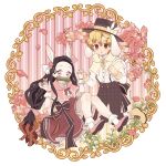  1boy 1girl absurdres agatsuma_zenitsu animal_ears bare_legs black_hair blonde_hair boots bow bowtie brown_eyes brown_hair dress flower forehead framed hair_ornament hat highres hood kamado_nezuko kimetsu_no_yaiba long_hair long_sleeves looking_at_viewer multicolored_hair open_mouth pants pink_eyes pink_ribbon pori_(kmt_pori) rabbit_ears ribbon shirt shoes short_hair white_shirt 