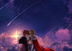  1boy 1girl armor armored_dress artoria_pendragon_(fate) artoria_pendragon_(lancer)_(fate) black_jacket blonde_hair braid braided_base braided_bun cape commentary_request crown dress emiya_shirou fate/grand_order fate/stay_night fate_(series) hair_bun highleg highleg_leotard jacket leotard multicolored_jacket nape_braid red_hair sleeveless sleeveless_turtleneck song_yuzin turtleneck turtleneck_leotard white_jacket 