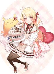  1girl ahoge birthday_cake black_thighhighs blonde_hair brown_dress cake commentary_request dress eating food food_on_face fork gradient_hair hair_ornament hair_ribbon highres holding holding_fork hololive hololive_dev_is jacket long_hair multicolored_hair musical_note musical_note_hair_ornament neck_ribbon nogikawa one_side_up orange_hair otonose_kanade piano_print red_eyes red_ribbon ribbon shoes solo thigh-highs thigh_strap virtual_youtuber white_jacket white_shoes 