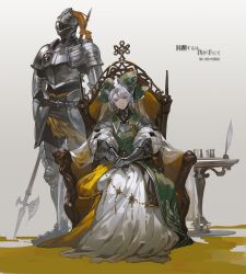  1girl 1other absurdres aka_tonbo_(lovetow) ambiguous_gender armet armor belt belt_buckle belt_pouch black_pants black_shirt breastplate brown_belt buckle call_of_cthulhu chain character_name chess_piece chessboard chinstrap closed_mouth commentary_request cuisses dress fantasy full_armor full_body gauntlets gold_chain gorget greaves green_eyes green_hat green_shirt halberd hat helmet highres holding holding_polearm holding_weapon inkwell juurin_suru_wa_waga-te_nite long_dress long_veil old old_woman on_throne own_hands_together padded_sleeves pants pauldrons plume polearm poleyn pouch quill rerebrace round_table sabaton see-through_clothes see-through_veil shirt short_hair shoulder_armor sitting skirt sleeveless sleeveless_shirt standing table throne torn_clothes torn_skirt translation_request veil visor_(armor) weapon white_dress white_hair wrinkled_skin yellow_skirt 