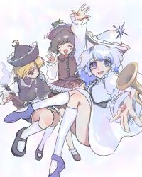  3girls :d absurdres black_hat black_shoes black_skirt black_vest blonde_hair blush_stickers closed_eyes closed_mouth commentary_request crescent crescent_hat_ornament dress full_body hat hat_ornament highres instrument keyboard_(instrument) looking_at_viewer lunasa_prismriver lyrica_prismriver merlin_prismriver momonhashi multiple_girls open_mouth purple_shoes red_hat red_skirt red_vest shoes short_hair siblings simple_background sisters skirt smile socks star_(symbol) star_hat_ornament touhou trumpet vest violet_eyes violin white_background white_dress white_hat white_socks yellow_eyes 