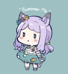  0_0 1girl :&lt; animal_ears bangs bare_shoulders blue_background blue_flower blush_stickers chibi dress flower full_body hair_flower hair_ornament horse_ears horse_girl horse_tail innertube mejiro_mcqueen_(umamusume) nozo_(hitomiz) parted_lips purple_hair red_flower rose simple_background solo standing tail triangle_mouth umamusume white_dress yellow_flower yellow_rose 