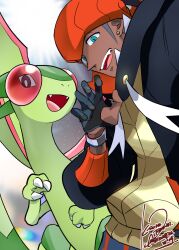  1boy claw_pose commentary_request dark-skinned_male dark_skin earrings flygon gloves headband highres hood hoodie jewelry long_sleeves male_focus open_mouth orange_headband otona_kasuke pokemon pokemon_(creature) pokemon_sword_and_shield raihan_(pokemon) reaching reaching_towards_viewer selfie signature smile stud_earrings 