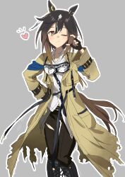  1girl absurdres animal_ears black_gloves blush boots brown_hair ear_covers feather_hair_ornament feathers feet_out_of_frame fingerless_gloves gloves goggles goggles_around_neck gradient_eyes gradient_hair grey_background hair_between_eyes hair_ornament half-heart_hands hand_in_pocket heart highres horse_ears horse_girl jacket jiz_(pffbq) knee_boots long_hair mismatched_ear_covers multicolored_eyes multicolored_hair one_eye_closed outline pants shirt simple_background smile solo stay_gold_(sunlit_outsider)_(umamusume) stay_gold_(umamusume) straight-on streaked_hair torn_clothes torn_jacket torn_pants umamusume very_long_hair white_outline white_shirt white_streaks yellow_eyes yellow_jacket 