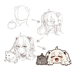  1girl :3 =_= ahoge animal_ears arrow_(symbol) black_outline blush blush_stickers bomb closed_eyes closed_mouth commentary deformed explosive fang fuse grey_hair hair_between_eyes highres hololive how_to kani_juice lineart lion_ears lion_girl making-of open_mouth outline portrait shishiro_botan simple_background sketch smile solo split_mouth ssrb_(shishiro_botan) untranslatable_commentary virtual_youtuber white_background 