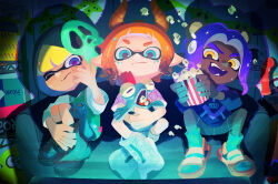  animal_ear_hairband animal_ears bear_ear_hairband bear_ears closed_mouth commentary_request couch eating fake_animal_ears fake_horns food green_eyes hairband highres hood horns inkling inkling_girl inkling_player_character inoue_seita octoling_boy octoling_player_character official_art one_eye_closed open_mouth orange_hair popcorn popcorn_bucket purple_hair sandals shadow shoes shorts sitting smallfry_(splatoon) socks splatoon_(series) splatoon_3 tentacle_hair watching_television white_shoes yellow_eyes 