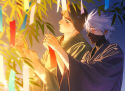  2boys bamboo bamboo_forest black_hair blunt_bangs bowl_cut cheekbones closed_eyes closed_mouth commentary_request cross_scar forest grey_hair hatake_kakashi highres japanese_clothes korean_commentary looking_at_another m0_mo_momo male_focus mask might_guy mouth_mask multiple_boys naruto_(series) nature scar scar_across_eye scar_on_face scar_on_hand short_hair tanabata thick_eyebrows tying upper_body 