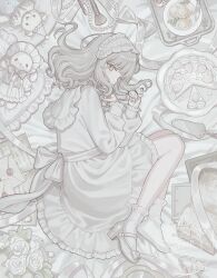 1girl ankle_socks bed_sheet blunt_bangs bouquet bow bug butterfly cake cake_slice commentary curled_up dress envelope flower food frilled_dress frilled_socks frills from_side full_body hairband highres lolita_fashion lolita_hairband long_sleeves looking_at_viewer lying makeup_brush mary_janes medium_hair n4adoe on_bed original ribbon rose shiro_lolita shoes socks solo string_of_pearls stuffed_animal stuffed_toy tray untranslatable_commentary watermark white_bow white_butterfly white_dress white_eyes white_flower white_hair white_hairband white_ribbon white_rose white_shoes white_socks white_theme