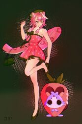  1girl :3 absurdres adjusting_footwear alternate_costume animal_ears bag black_background bow breasts chattino_(raora_panthera) commentary creature dress english_commentary flower food from_side fruit full_body hair_flower hair_ornament hand_up handbag hat high_heels highres hololive hololive_english large_breasts lifted_by_tail long_sidelocks looking_at_viewer looking_down nen_coa panther_ears panther_girl panther_tail pink_dress pink_hair pink_nails raora_panthera sidelocks signature standing strapless strapless_dress strawberry tail virtual_youtuber yellow_eyes 