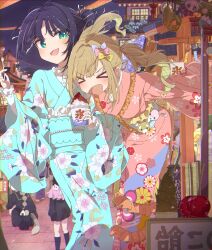  2girls absurdres candy_apple cho_kaguya-hime! commentary festival food highres japanese_clothes kaguya_(cho_kaguya-hime!) kaguya_(tsutaya_pop_up)_(cho_kaguya-hime!) kimono long_hair multiple_girls open_mouth pokeseru sakayori_iroha sakayori_iroha_(tsutaya_pop_up) shaved_ice summer_festival untranslatable_commentary yukata 