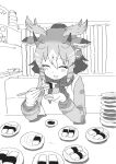  animal_ears bow bowtie earrings eating extra_ears food giraffe_ears giraffe_girl giraffe_horns greyscale hair_between_eyes horns jewelry kemono_friends long_sleeves monochrome plate plate_stack short_hair sitting sivatherium_(kemono_friends) sushi sweater table vest yumeumi_sousaku 