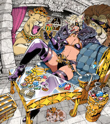  1girl animal_ears banknote belt bikini boots breasts cigar coin commentary_request cup eyepatch foot_on_table fur_jacket gem gold_coin indoors jacket kafun lion lion_ears lion_girl lion_tail money original short_hair stone_floor stone_wall swimsuit tail thigh_boots 