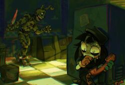  artist_name blood blood_from_mouth blood_on_knife crossover five_nights_at_freddy's highres holding holding_knife holding_phone knife phone pomni_(the_amazing_digital_circus) scared springtrap sunnarts sweat the_amazing_digital_circus 