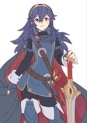 1girl armor belt blue_cape blue_eyes blue_gloves blue_hair brand_of_the_exalt cape falchion_(fire_emblem) fingerless_gloves fire_emblem fire_emblem_awakening gloves hair_between_eyes highres long_hair lucina_(fire_emblem) nyo02921978 smile solo sword tiara two-tone_cape weapon white_background 