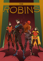  artist_name batman_(series) batman_symbol belt black_bodysuit black_gloves black_hair bodysuit brown_jacket commentary damian_wayne dc_comics dick_grayson domino_mask english_commentary eye_mask full_body gloves grey_bodysuit jacket jason_todd jjmk-jjmk male_focus mask multicolored_bodysuit multiple_boys muscular muscular_male nightwing pants red_hood_(dc) red_hood_and_the_outlaws red_mask red_robin robin_(dc) short_hair superhero_costume taut_bodysuit taut_clothes tim_drake two-tone_bodysuit utility_belt 