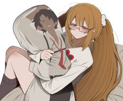  1girl alternate_costume annoyed blush body_pillow brown_hair catherine_(project_moon) center-flap_bangs closed_mouth commentary_request double-parted_bangs glasses heathcliff_(project_moon) highres korean_commentary limbus_company long_hair long_sleeves looking_at_viewer messy_hair misg1111 pillow print_shirt project_moon shirt simple_background sitting twintails very_long_hair white_background white_shirt 
