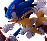  2boys animal_nose blue_eyes closed_mouth fang fox_boy furry furry_male gloves green_eyes grin highres male_focus misuta710 multiple_boys multiple_tails red_footwear running simple_background smile sonic_(series) sonic_the_hedgehog tail tails_(sonic) two_tails v-shaped_eyebrows white_background white_gloves 