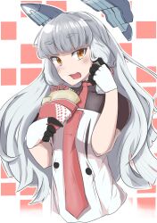  1girl blunt_bangs blush chausson commentary_request cream cream_on_face crepe floating_headgear food food_on_face grey_hair hair_ribbon headgear holding holding_crepe holding_food kantai_collection looking_at_viewer murakumo_(kancolle) murakumo_kai_ni_(kancolle) necktie open_mouth orange_eyes red_necktie ribbon sidelocks solo tress_ribbon upper_body 