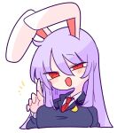  1girl animal_ears black_jacket blazer blouse collared_shirt crescent crescent_pin half-closed_eyes highres jacket light_purple_hair long_hair necktie op_na_yarou open_mouth pointing pointing_up purple_hair rabbit_ears rabbit_girl rabbit_tail red_eyes red_necktie reisen_udongein_inaba shirt solo tail touhou very_long_hair white_background white_shirt 