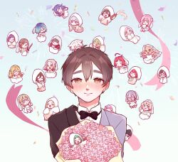  1boy 6+girls :d ahoge baio_rin black_bow black_bowtie black_hair black_jacket blonde_hair blue_background blue_eyes blue_hair blush bonnouji_momoha bottle bouquet bow bowtie bride brown_eyes brown_hair chibi closed_mouth commentary_request confetti dress dress_shirt eiai_nano flower glasses green_eyes green_hair grey_hair grey_jacket groom hair_intakes halftone hanazono_hahari hanazono_hakari haraga_kurumi harem hifumi_suu highres holding holding_bouquet iin_chiyo inda_karane jacket japanese_clothes kaho_eira kakure_meme kedarui_aashii kimi_no_koto_ga_dai_dai_dai_dai_daisuki_na_100-nin_no_kanojo kimono light_rays long_hair long_sleeves looking_at_viewer meido_mai meido_mei momi_momiji multicolored_jacket multiple_girls nakaji_uto nekonari_tama nose_blush official_alternate_costume official_alternate_hairstyle pink_flower pink_hair purple_hair red_hair red_ribbon rentarou_family ribbon sasarasa shinai shirt short_hair smile sutou_iku sword thick_eyebrows torotoro_kishika traditional_bowtie two-tone_jacket uchikake utsukushisugi_mimimi veil violet_eyes wataboushi weapon wedding_dress white_dress white_hair white_veil wide_sleeves wine_bottle yakuzen_kusuri yakuzen_yaku yamato_nadeshiko_(hyakkano) yasashiki_yamame yoshimoto_shizuka 