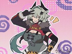  1girl 2026 alienwacc black_gloves breasts caesar_king_(zenless_zone_zero) dated gloves green_hair hand_on_own_hip highres large_breasts one_eye_closed ponytail signature smile swirl teeth tomboy v yellow_eyes zenless_zone_zero 
