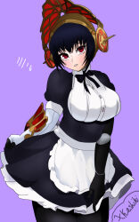  apron artist_name black_hair black_ribbon blush breasts clothes_lift dress embarrassed frilled_dress frills hair_between_eyes headgear humanoid_robot leotard lipstick maid makeup mechanical_arms mechanical_legs medium_breasts metis_(persona) pantyhose persona persona_3 persona_3_reload pink_leotard red_eyes red_ribbon ribbon robot short_hair shy skirt skirt_lift thick_thighs thighs white_apron xkashhikiari 