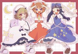  3girls \m/ arms_up black_hair blonde_hair blue_bow blue_dress blue_eyes blunt_bangs border bow brown_eyes brown_hair brown_shoes commentary_request crescent dress drill_hair fang frilled_dress frilled_sleeves frills full_body grid_background hair_bow hand_on_own_chin hat highres hime_cut long_hair long_sleeves looking_at_viewer luna_child momonhashi multiple_girls necktie one_eye_closed open_mouth outside_border pink_eyes quad_drills red_border red_skirt shirt shoes short_hair sidelocks skin_fang skirt sleeveless sleeveless_dress slippers socks standing star_(symbol) star_sapphire sunny_milk touhou triangle_mouth two_side_up white_background white_dress white_hat white_shirt white_slippers white_socks yellow_necktie 