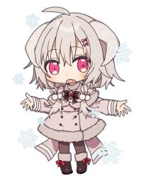  1girl ahoge black_bow black_bowtie black_shoes blush bow bowtie braid brooch brown_pantyhose buttons capelet chibi coat commentary_request curved_horns double-breasted fang footwear_bow full_body fur-trimmed_capelet fur-trimmed_coat fur-trimmed_shoes fur_trim grey_hair hair_between_eyes hair_ornament hanasaki_ayame hanasaki_ayame_(artist) horns indie_virtual_youtuber jewelry long_hair long_sleeves merchandise_available official_alternate_costume official_alternate_hairstyle official_art open_mouth pantyhose pink_capelet pink_coat pink_eyes pom_pom_(clothes) pom_pom_hair_ornament self-portrait shoes simple_background skin_fang snowflakes solo standing twin_braids virtual_youtuber white_background white_horns winter_clothes 