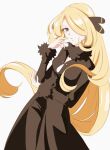  1girl blonde_hair breasts coat commentary_request cynthia_(pokemon) fur-trimmed_coat fur_collar fur_trim grey_eyes hair_ornament hair_over_one_eye hand_up haruto_irasuto long_hair long_sleeves looking_at_viewer pants parted_lips pokemon pokemon_(game) pokemon_dppt shirt solo v-neck very_long_hair white_background 