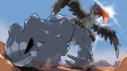  beak bird black_sclera blacknirrow blue_sky clear_sky colored_sclera commentary grey_feathers highres mega_pokemon mega_staraptor metal_skin no_humans pokemon pokemon_(creature) pokemon_focus predation red_eyes sky snake staraptor steelix sun talons teeth wings 