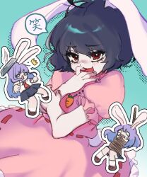  2girls animal_ears black_hair black_skirt blue_background blush bound carrot_necklace chibi chibi_inset commentary_request cowboy_shot dress falling_washtub fang floppy_ears highres inaba_tewi jewelry long_hair looking_at_viewer momonhashi multiple_girls necklace open_mouth pink_dress puffy_short_sleeves puffy_sleeves purple_hair rabbit_ears rabbit_girl red_eyes reisen_udongein_inaba ribbon-trimmed_dress ribbon_trim shirt short_hair short_sleeves skirt smile tied_up_(nonsexual) touhou washtub white_shirt 