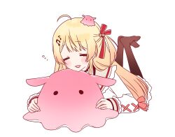  1girl =_= ahoge black_thighhighs blonde_hair blush closed_eyes commentary_request feet_up gradient_hair hair_ornament hair_ribbon highres hololive hololive_dev_is jacket long_hair lying multicolored_hair musical_note musical_note_hair_ornament no_shoes nogikawa on_stomach one_side_up open_mouth orange_hair otonose_kanade piano_print red_ribbon ribbon simple_background squeans thigh-highs virtual_youtuber white_jacket 