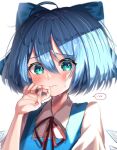  1girl 380u0 absurdres bangs blue_dress blue_eyes blue_hair cirno collared_shirt crying dress fairy_wings flat_chest highres ice ice_wings neck_ribbon pinafore_dress red_ribbon ribbon sad shirt short_hair simple_background solo touhou white_background white_shirt wings 