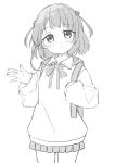  1girl absurdres backpack bag bangs blush bow closed_mouth collared_shirt commentary_request greyscale hands_up highres long_sleeves looking_at_viewer monochrome okota_mikan original pleated_skirt puffy_long_sleeves puffy_sleeves shirt skirt sleeves_past_wrists solo two_side_up 