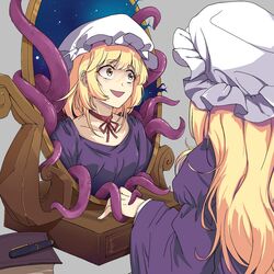  1girl blonde_hair book choker collarbone crazy_eyes crazy_smile dress dual_persona eyebrows_hidden_by_hair grey_background hat highres long_hair long_sleeves maribel_hearn mirror mob_cap open_mouth pen purple_dress red_choker ribbon_choker tentacles through_mirror tierra_misu touhou white_headwear wide_sleeves yellow_eyes 