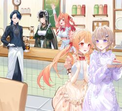  5girls absurdres alternate_costume apron asymmetrical_bangs black_corset black_hair blonde_hair blue_eyes blunt_bangs blush bob_cut bow bowtie brooch butler cake center_frills chair choker coffee_maker collared_shirt commentary_request corset crossdressing crossdressing_(ftm) dishwasher dress dress_shirt female_butler food framed_breasts frilled_apron frills gloves gothic_lolita green_dress hair_bow hair_ornament hand_up highres hiodoshi_ao holding holding_plate holding_tray hololive hololive_dev_is ichijou_ririka indoors jacket japanese_clothes jersey_maid jewelry juliet_sleeves juufuutei_raden kaze_22 korean_commentary lace lace_choker lolita_fashion long_hair long_sleeves maid maid_apron maid_cafe maid_headdress medium_hair menu_board mixed_maids multicolored_hair multiple_girls open_mouth orange_dress orange_hair otonose_kanade pants plate puffy_short_sleeves puffy_sleeves purple_dress red_eyes regloss_(hololive) shirt short_hair short_sleeves skirt skirt_set sleeve_cuffs slice_of_life strawberry_shortcake suit_jacket todoroki_hajime tray tuxedo twintails two-tone_hair two_side_up unconventional_maid vest violet_eyes virtual_youtuber wa_maid waist_apron waistcoat waitress white_apron white_gloves 