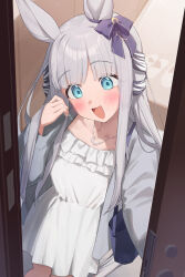  1girl animal_ears blue_eyes blunt_bangs blush breasts chrono_genesis_(umamusume) commentary_request doorway dress grey_hair grey_jacket hair_between_eyes hair_ornament highres horse_ears horse_girl horse_tail jacket jewelry long_hair long_sleeves looking_at_viewer necklace open_mouth saboten_mushi small_breasts smile solo tail umamusume white_dress 