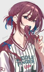  1girl absurdres blue_eyes braid closed_mouth commentary girls_band_cry grey_background hair_between_eyes hair_ribbon highres iseri_nina kuji_(orca9ji) medium_hair mouth_hold red_hair ribbon ribbon_in_mouth shirt side_braids simple_background solo upper_body 