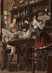  2girls absurdres alcohol bar_(place) beer beer_mug black_hair black_pantyhose boots bottle brown_boots brown_corset brown_hair burger cash_register chair commentary corset crossed_legs cup death_kiss_(gold_can) desert_crow_(gold_can) detached_sleeves dress english_commentary english_text food french_fries glass glass_bottle gold_can highres holding holding_plate indoors liquor long_hair looking_at_another menu_board mug multiple_girls newspaper nuka-cola original pantyhose parted_lips plate red_dress revision saloon short_hair sitting sweat table tankard thighs waitress wine_bottle 