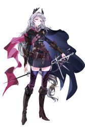 1girl absurdres aged_up alternate_costume ammunition_belt ammunition_pouch arknights bird_girl black_boots black_cape black_dress black_thighhighs boots breasts cape chinese_commentary closed_mouth commentary_request cross_scar dress full_body grey_eyes grey_hair head_wings high_heel_boots high_heels highres holding holding_sword holding_weapon irene_(arknights) long_hair long_sleeves looking_at_viewer low-tied_long_hair medium_breasts pouch scar scar_across_eye scar_on_face short_bangs simple_background solo standing sword thigh-highs vambraces very_long_hair weapon white_background wings wo_zai_zhu_shi_ni 