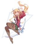  1girl 2022 :d alisa_reinford bangs blonde_hair boots bow_(weapon) brown_footwear dated eiyuu_densetsu feng_you floating_hair full_body green_skirt hair_between_eyes holding holding_bow_(weapon) holding_weapon jacket long_hair long_sleeves looking_at_viewer miniskirt open_mouth plaid plaid_skirt pleated_skirt red_eyes red_jacket sen_no_kiseki sidelocks sketch skirt smile solo thigh_boots two_side_up very_long_hair weapon white_background zettai_ryouiki 