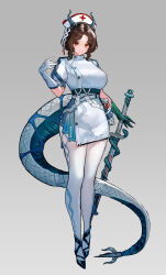  1girl absurdres baibanligui black_shoes blue_horns blue_tail breasts brown_hair closed_mouth clothing_cutout dragon_horns dragon_tail dress full_body gloves green_scales grey_background hand_up hat highres holding holding_sword holding_weapon horns large_breasts looking_at_viewer nurse_cap original pantyhose parted_bangs pencil_dress puffy_short_sleeves puffy_sleeves red_eyes shoes short_dress short_hair short_sleeves single_glove smile solo sword tachi-e tail thigh_cutout weapon white_dress white_gloves white_pantyhose 
