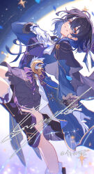  1girl absurdres artist_name ascot black_boots black_cape black_hair black_skirt black_wrist_cuffs bloom blue_eyes blue_gem blue_jacket boots bow cape cloudyman commentary commission crescent feet_out_of_frame frilled_gloves frilled_jacket frilled_skirt frilled_socks frills full_body gem gloves gold_trim hair_between_eyes hand_on_own_chest hat highres jacket looking_at_viewer night original pinstripe_jacket pinstripe_pattern purple_bow purple_hat purple_vest sample_watermark short_hair skirt smile socks star_(sky) vest watermark white_ascot white_gloves white_socks wrist_cuffs 