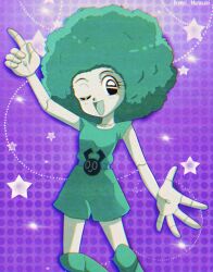 1990s_(style) 1girl afro android animification blue_hair blue_skirt breasts brenni_murasaki colored_skin highres humanoid_robot jenny_wakeman joints looking_at_viewer metal_skin my_life_as_a_teenage_robot open_mouth retro_artstyle robot robot_girl robot_joints simple_background skirt smile solo white_skin 